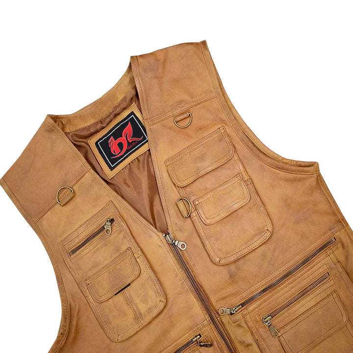 Mens Handmade High Quality Hunting Vest, Fishing Vest, Leisure Vest, Leather Vest Casual Motorcycle Biker Leather Vest. Leather Waistcoat