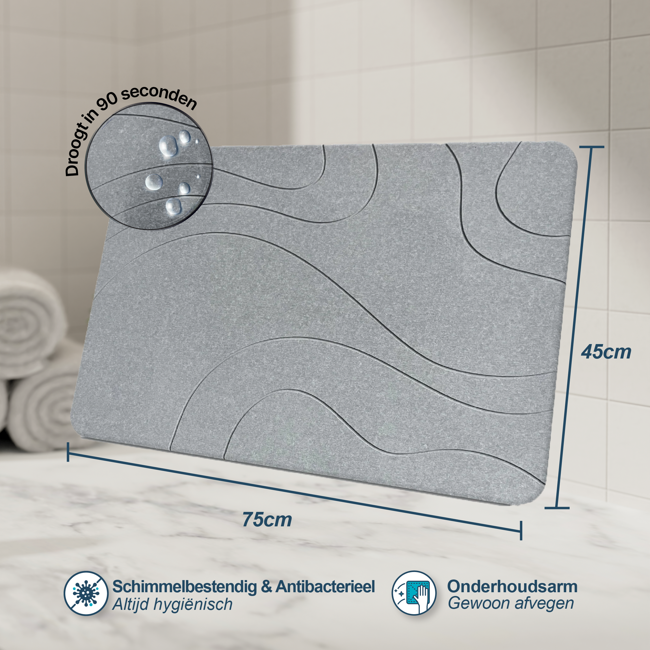XL Diatoom Steen Badmat - Natuurlijk Sneldrogend - Hygiënisch - Anti Schimmel en Stijlvol 75x45cm