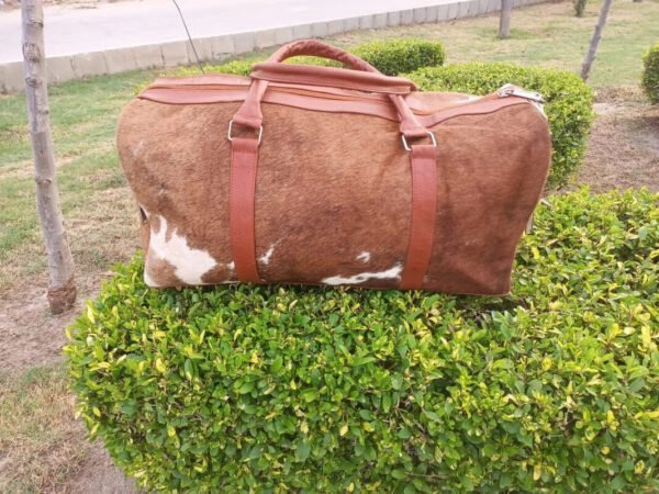 Dark Brown Handcrafted 16″ Round Duffle Leather Bag - Image 3