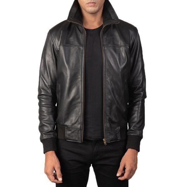 Black Leather Bomber Jacket - Image 4