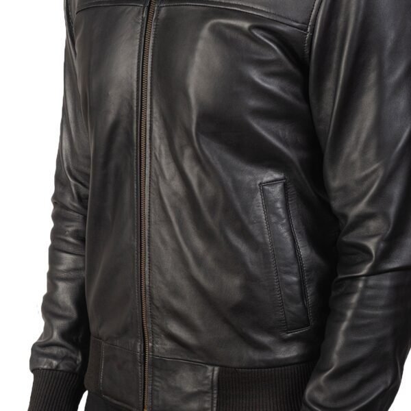 Black Leather Bomber Jacket - Image 5