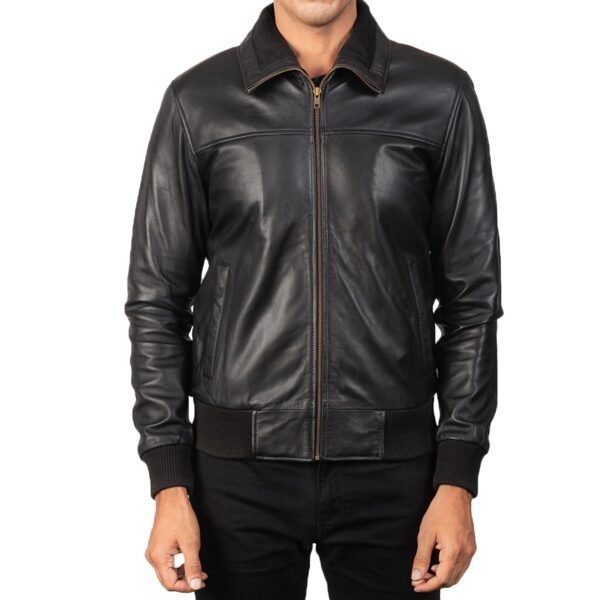 Black Leather Bomber Jacket - Image 3