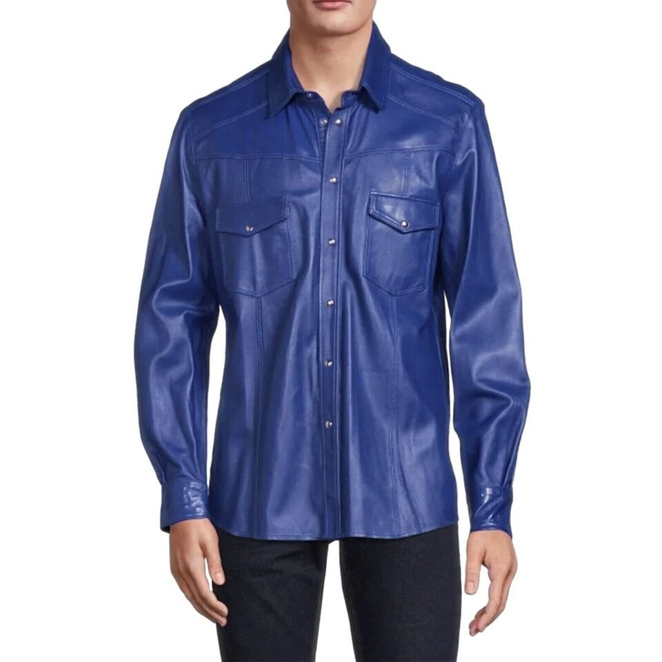 blue men's leather jacket